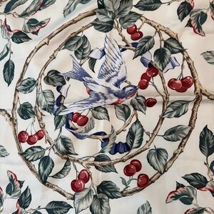 Medallion Vintage Silk Scarf Bird Botanical Cherries Print Square 24x24 KOREA